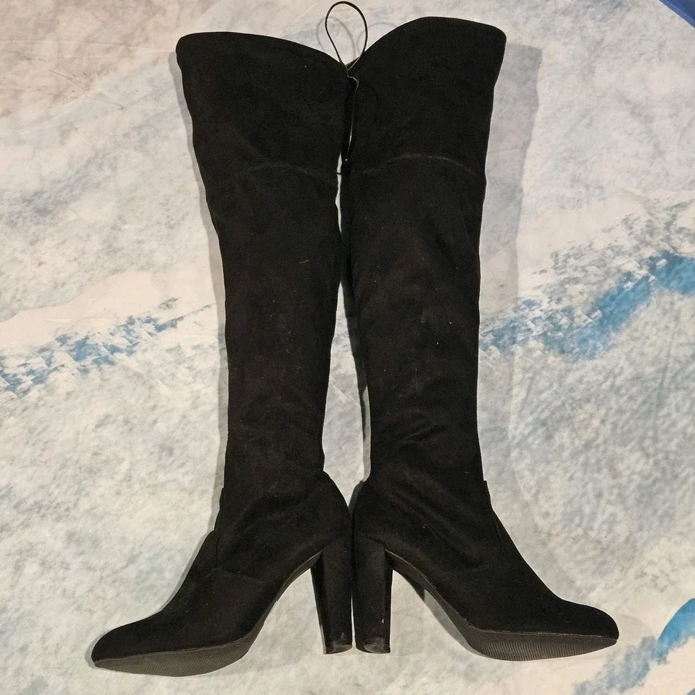 Women's Size 8 Black Over The Knee Boots Block Heel Back Tie Zip Faux Suede